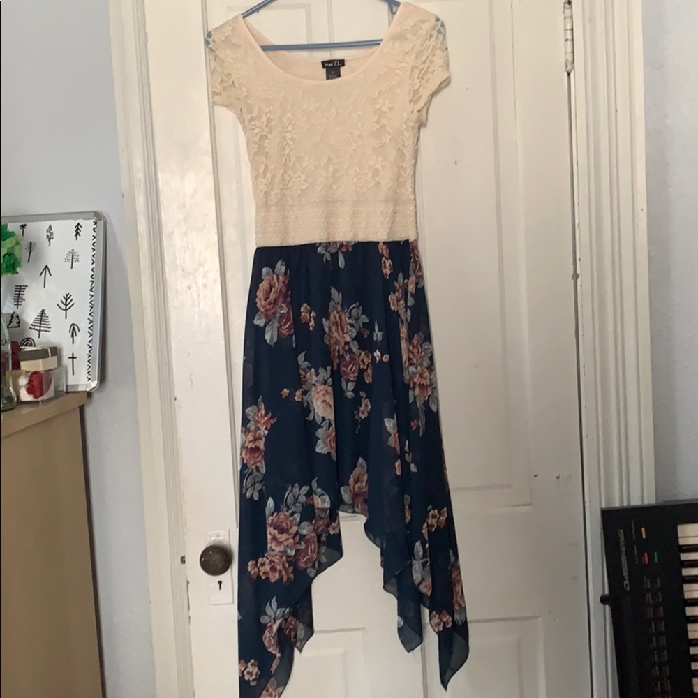 Floral Blue and Cream Floral High to Low Dress